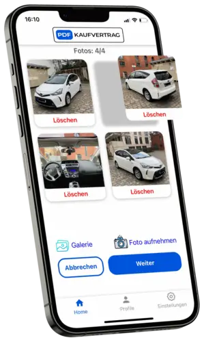 kfz kaufvertrag in pdf online mit der App fotos hochladen